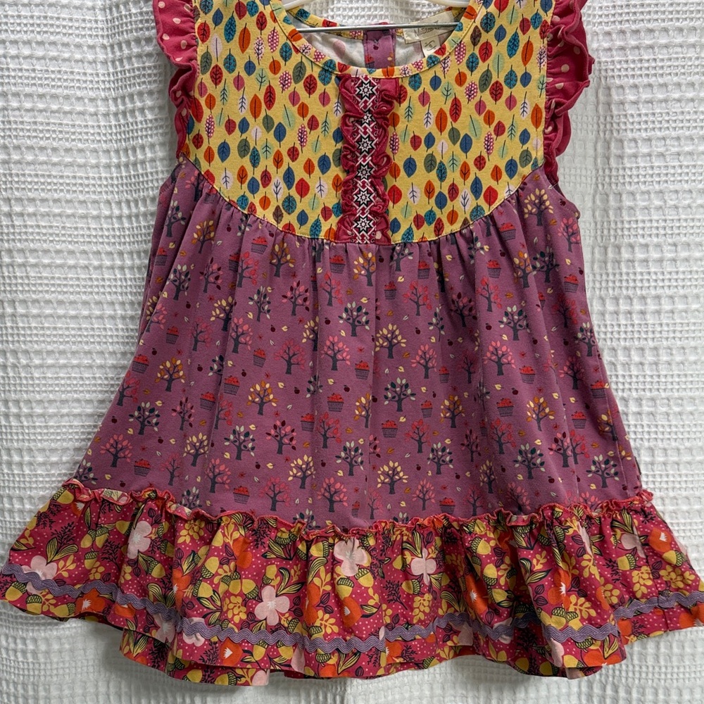 Matilda Jane Multicolor Ruffle Dress Apple nuts and tree print fall school SZ 8